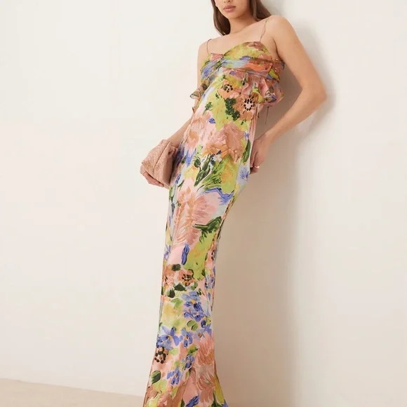 ASOS Design Chiffon Bust Satin Cami Maxi Dress in Floral print-Multi